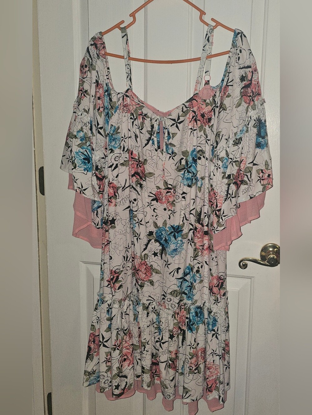 Betsey Johnson Floral/Skull Cold Shoulder Dress w/ Bell Sleeves-LIKE NEW